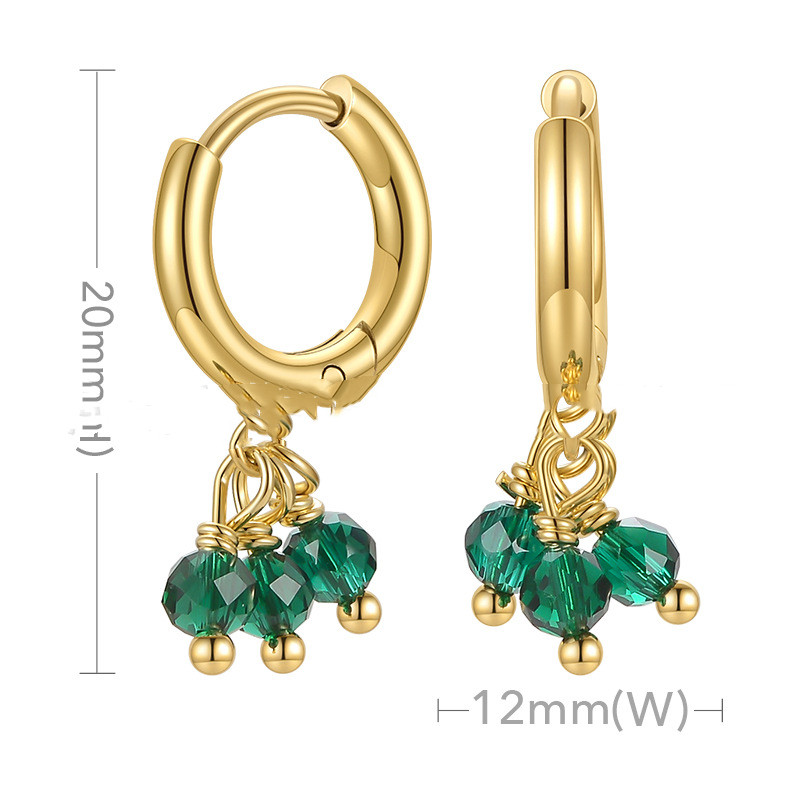 18K Gold Plating Brass European And American Personalized Three Green Stone Pendant Ear Ring