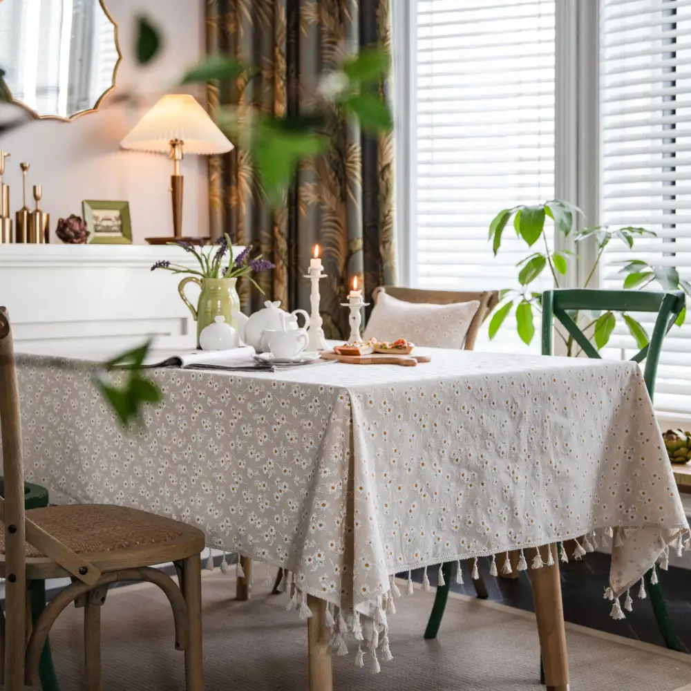 Cotton Linen Embroidery Daisy Tablecloth Decorative Macrame Table Cover