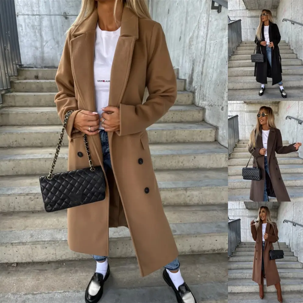 Double-breasted Lapel Split Jacket with Belt Winter Fashion Casual