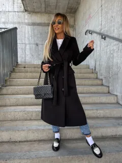 Double-breasted Lapel Split Jacket With Belt Winter Fashion Casual Long Sleeve Button Daily Coats For Women Clothing - Black - View 1