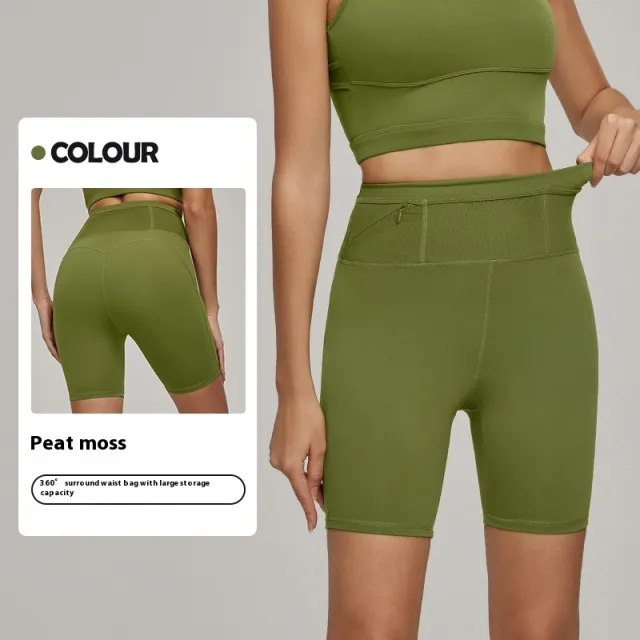 Full Waist Storage Solid Color Yoga Shorts Peat Moss - Shop at LoveMi
