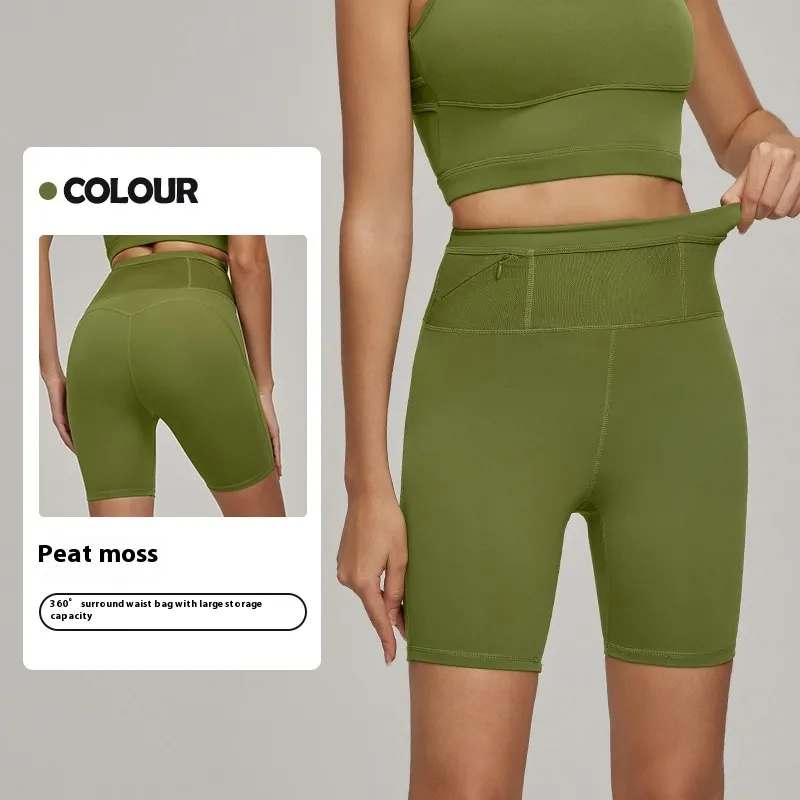 Full Waist Storage Solid Color Yoga Shorts - Peat Moss