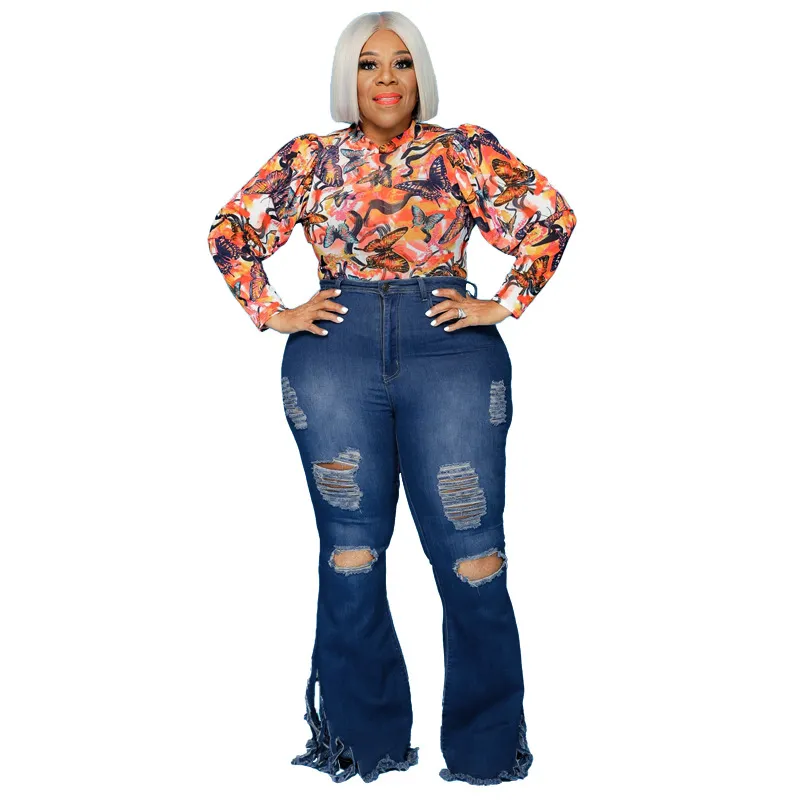 Women's Slim Fit Ripped Tassel Jeans - Dark Blue