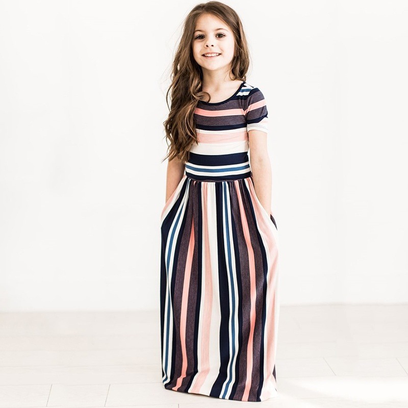 Girls Fashion Color Stripe Printing Dress