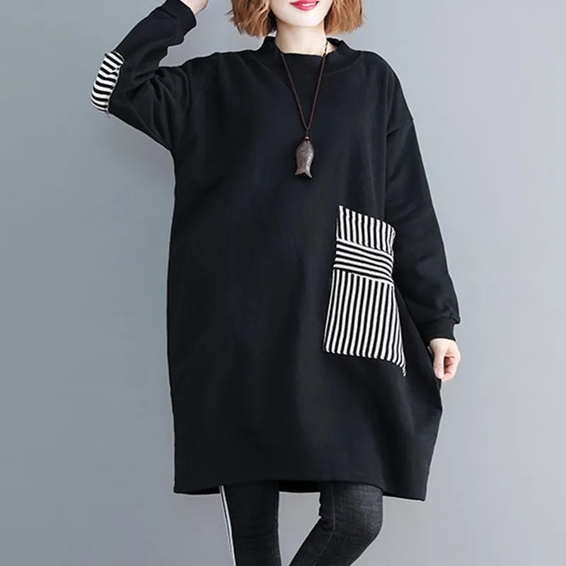 Striped Large Pocket Sweatshirt Slimming Long Sleeve Velvet Hoodie - Black