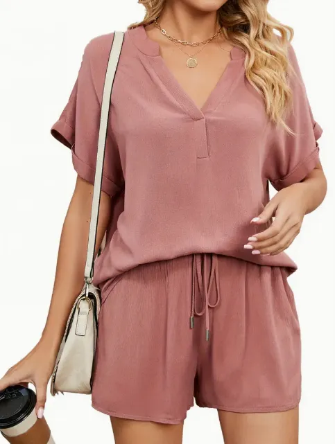 Women's Solid Color Loose Fit Casual 2-Piece Set Conjunto Short Summer Sets - Pink