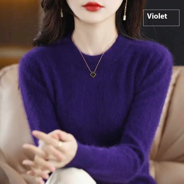 Round Neck Loose Solid Color Mink Sweater Pullover Base Woolen Sweater Violet - Shop at LoveMi
