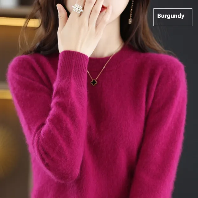 Round Neck Loose Solid Color Mink Sweater Pullover Base Woolen Sweater Wine Red - Shop at LoveMi