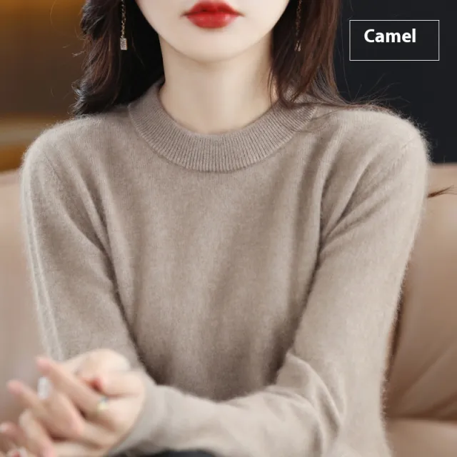 Round Neck Loose Solid Color Mink Sweater Pullover Base Woolen Sweater Camel - Shop at LoveMi
