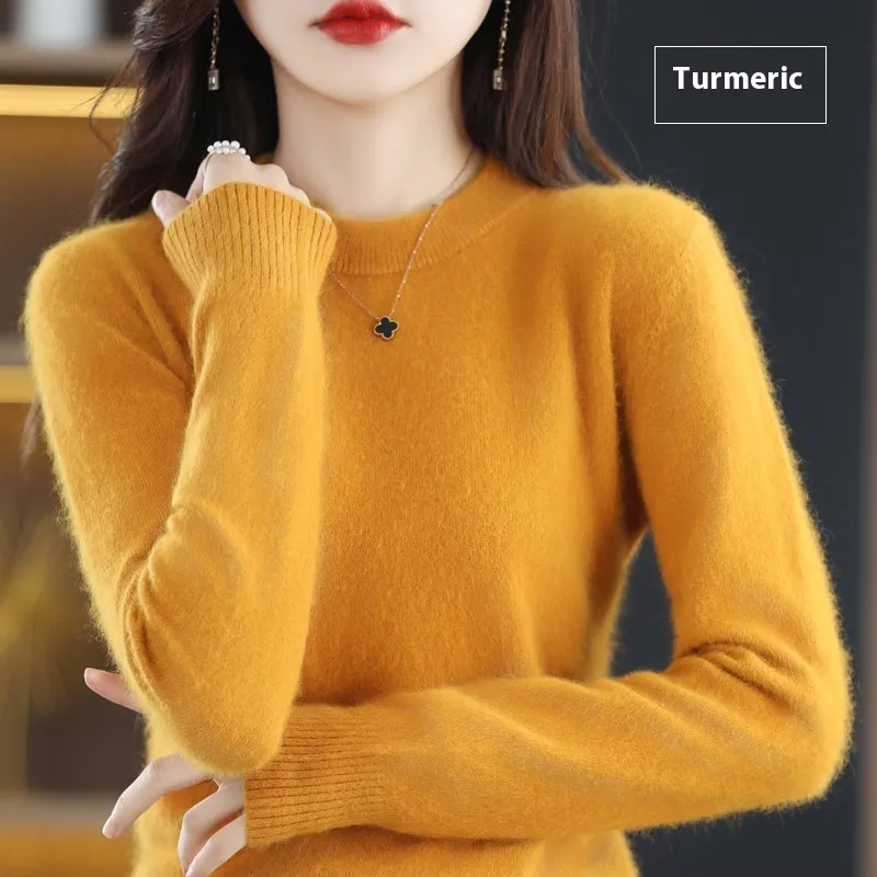 Round Neck Loose Solid Color Mink Sweater Pullover Base Woolen Sweater - Ginger Yellow