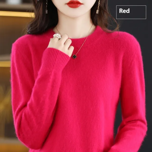 Round Neck Loose Solid Color Mink Sweater Pullover Base Woolen Sweater Rose Red - Shop at LoveMi