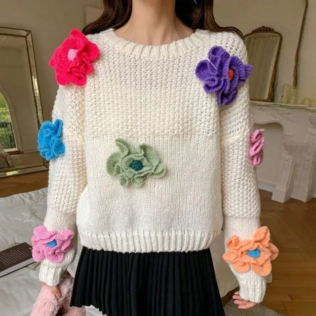 Hollow out Three dimensional Flower Sweater Loose Sweater White - Shop at LoveMi
