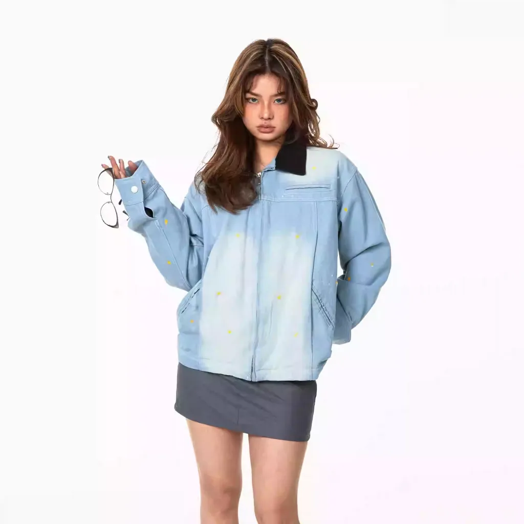 Splash Ink Color Effect Collar Washed Denim Jacket Coat - Blue