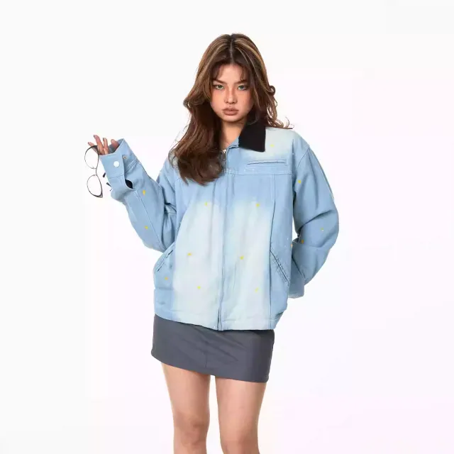 Splash Ink Color Effect Collar Washed Denim Jacket Coat Blue - Shop at LoveMi