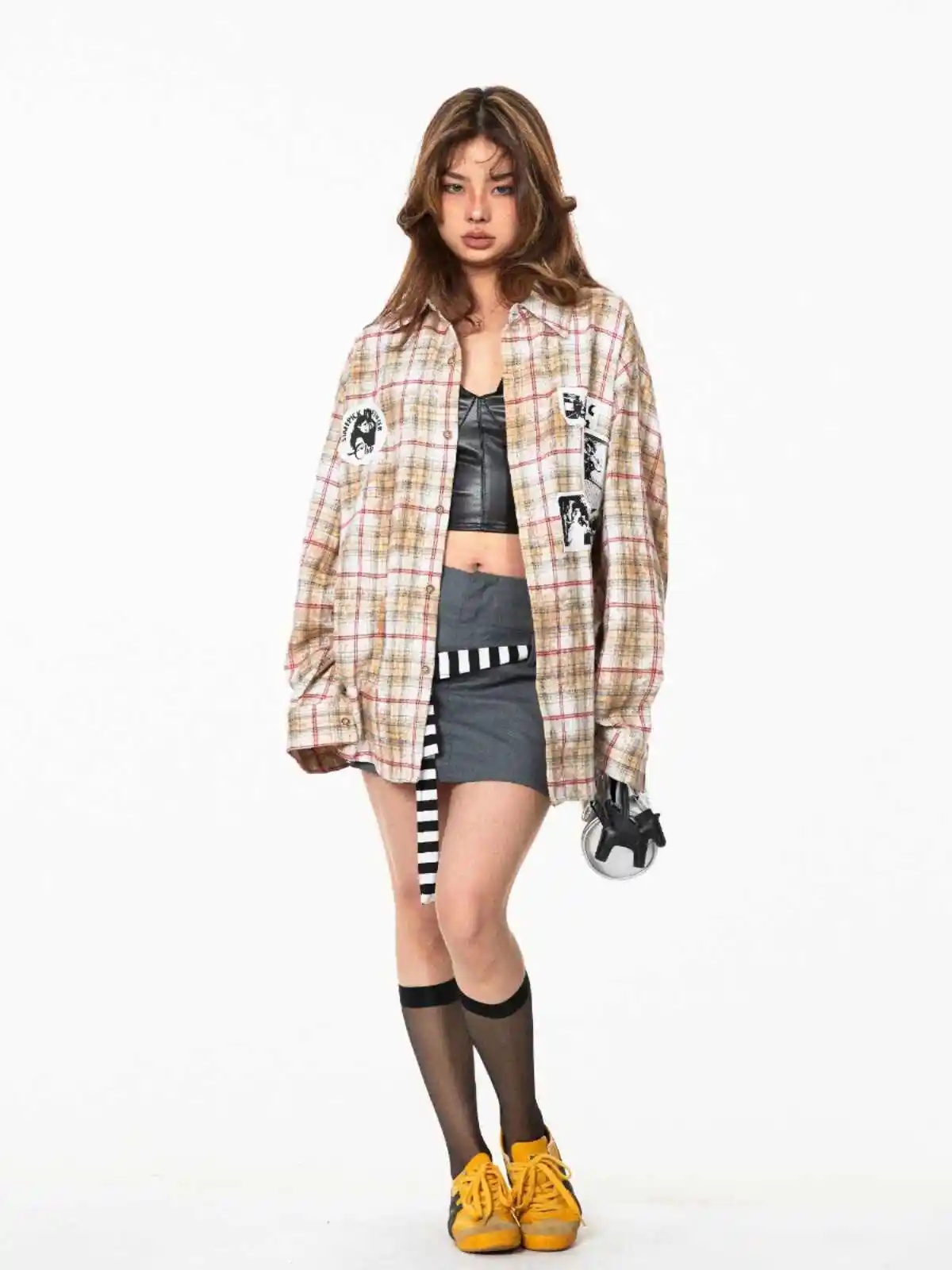 Retro Distressed Brushed Printed Plaid Shirt Loose Top
