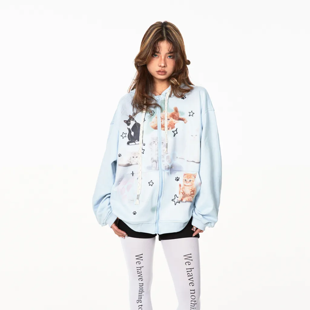 American Retro Cute Cat Hooded Sweater - Blue