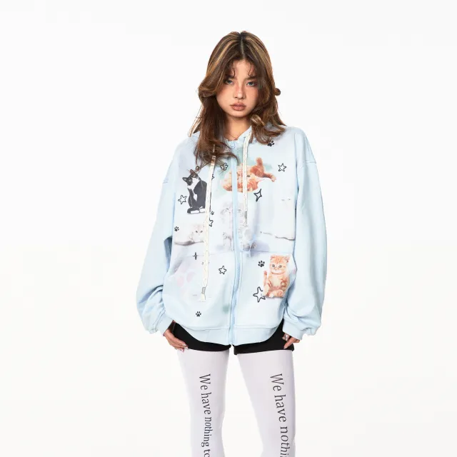 American Retro Cute Cat Hooded Sweater Blue - Shop at LoveMi