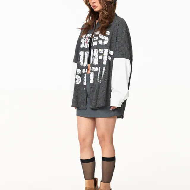 American Retro Plaid Fake Two Pieces Shirt Grey - Shop at LoveMi