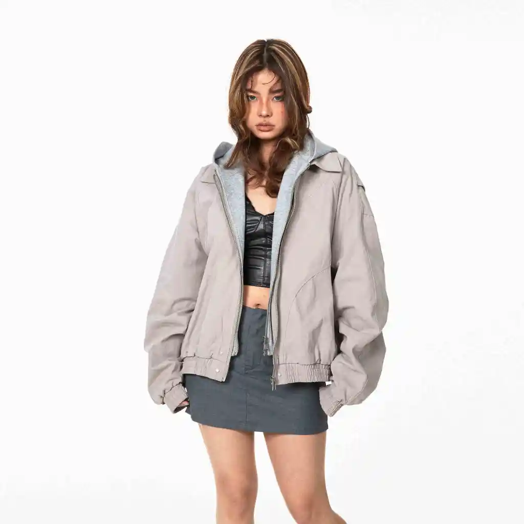 Fake Two Pieces Hooded Workwear Coats Female Cropped Jacket - Gray
