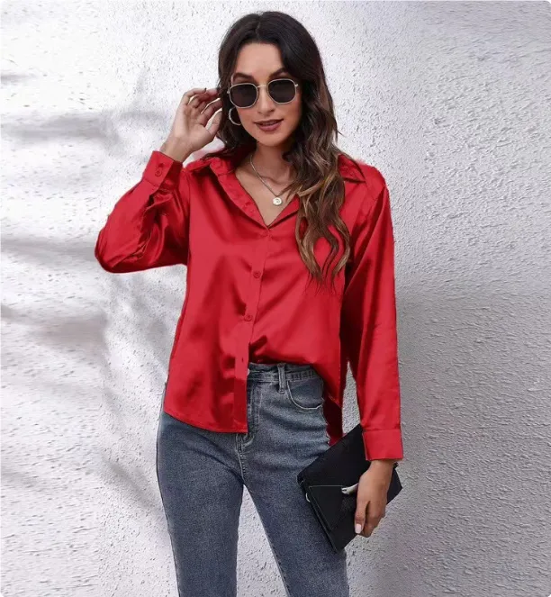 One Button Satin Shirt Temperament Long Sleeve Shirt - Red