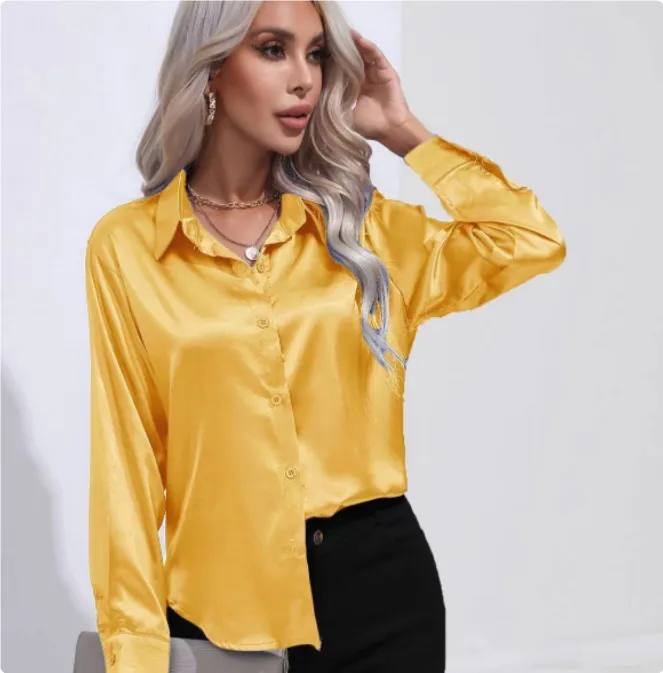 One Button Satin Shirt Temperament Long Sleeve Shirt - Lemon Yellow