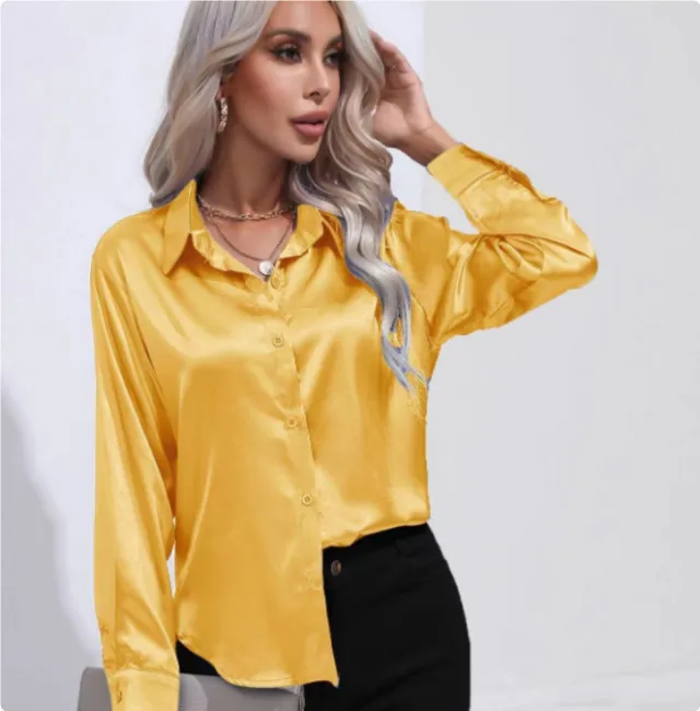 One Button Satin Shirt Temperament Long Sleeve Shirt Lemon Yellow - Shop at LoveMi