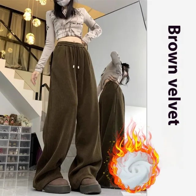 Women's Idle Style Casual All matching Mop Pants Trousers Brown Coffee Color With Velvet - Shop at LoveMi