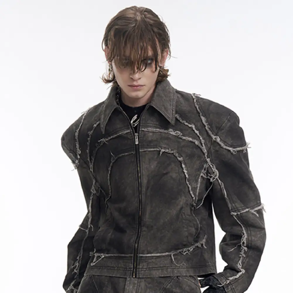 Short Gray Padded Shoulder Denim Coat