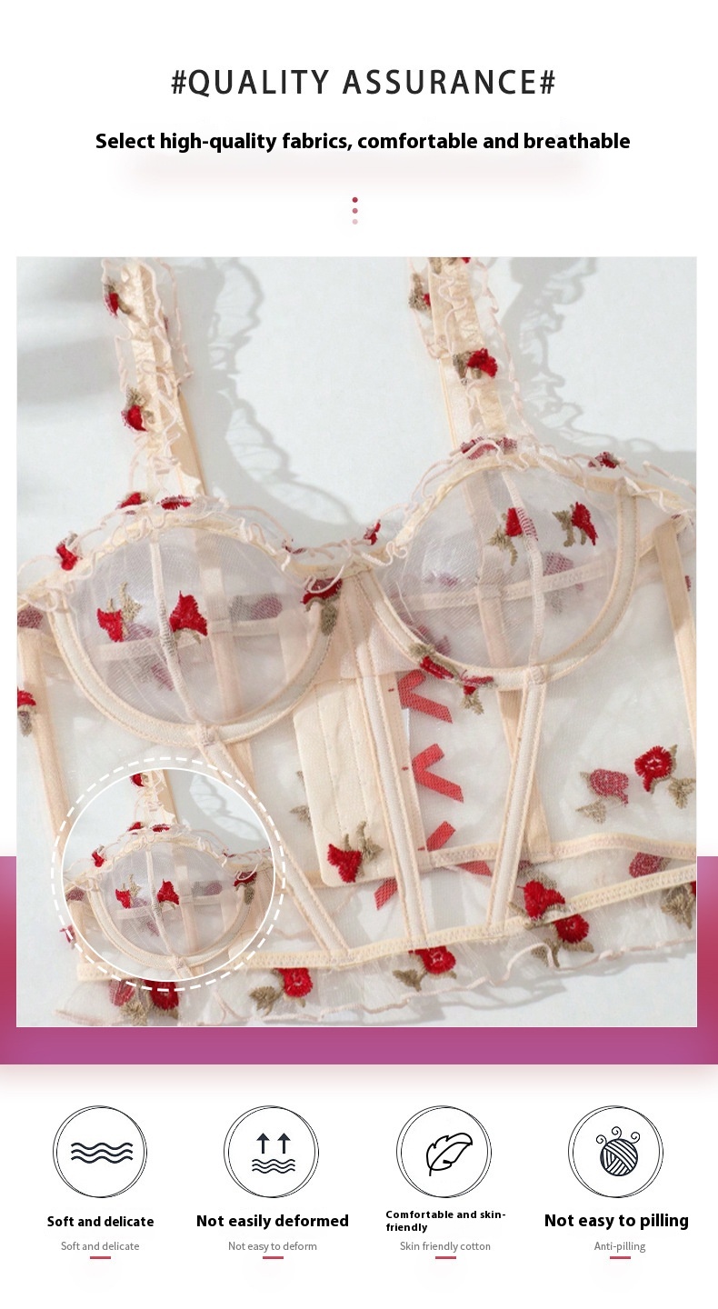 French Style Outer Wear Small Chest Push Up Girl Lace Soft Yarn See-through Cute Sweet Printed Fishbone Camisole