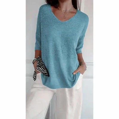 Solid Long Sleeve Sweater Slimming V neckline Knitwear Women's Bottoming Shirt Turquoise S 1Pcs - Shop at LoveMi