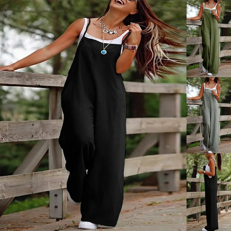 Women's Sleeveless Jumpsuit with Pockets and Adjustable Shoulder Strap