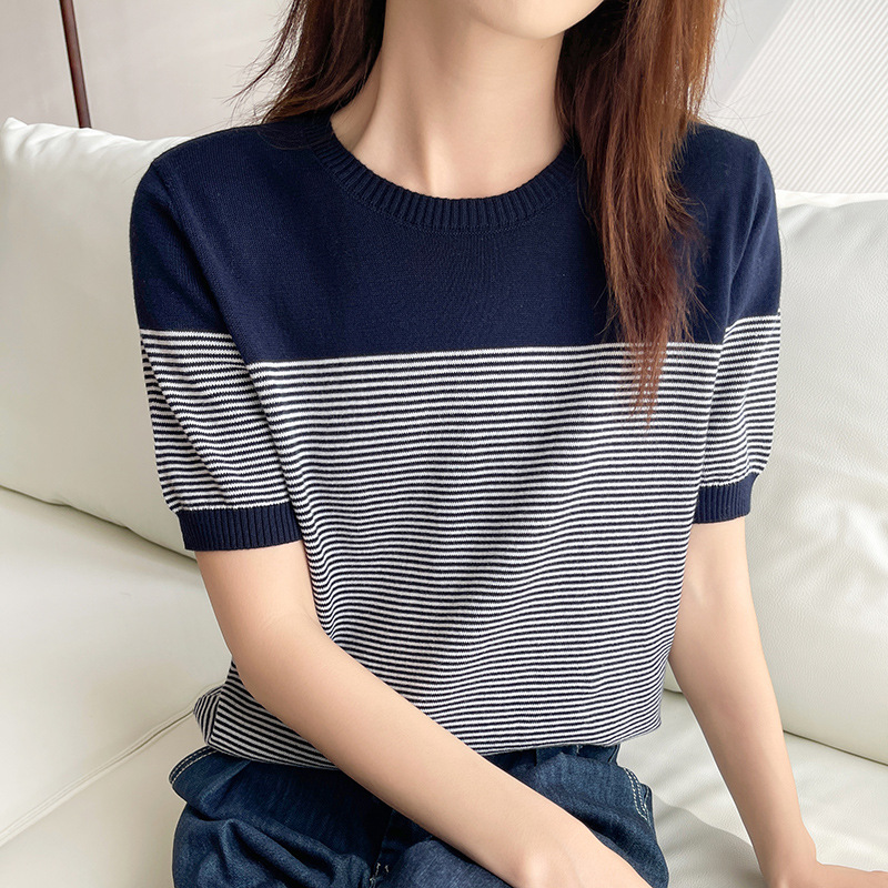 Fashion Striped Cotton Knitted T-shirt For Women