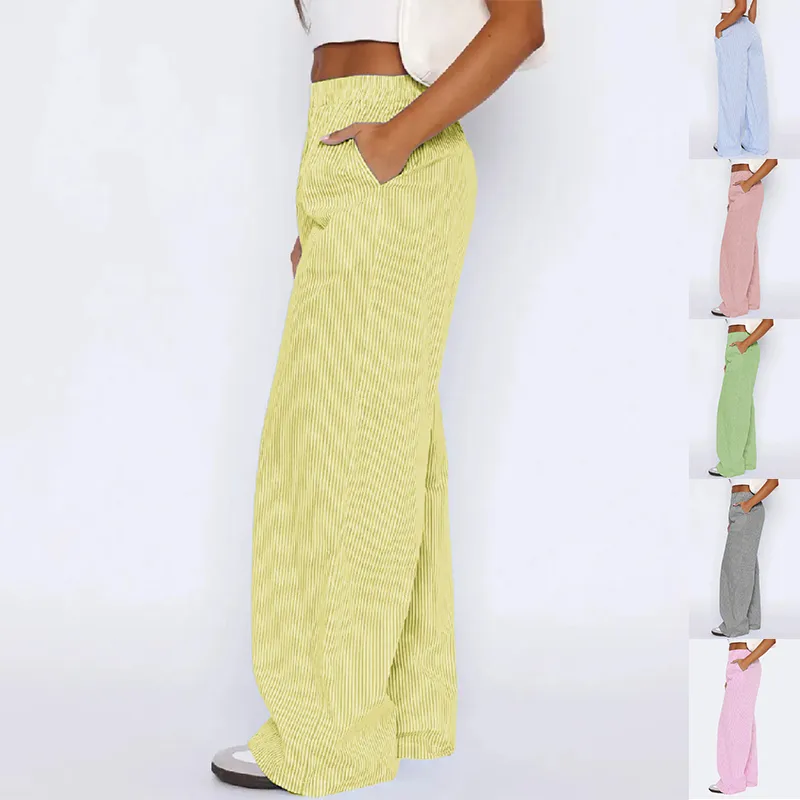 Striped Trousers with Pockets Fashion Casual Wide Leg Straight