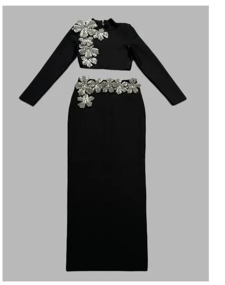 Round Neck Long Sleeve Short Top Long Skirt Black - Shop at LoveMi