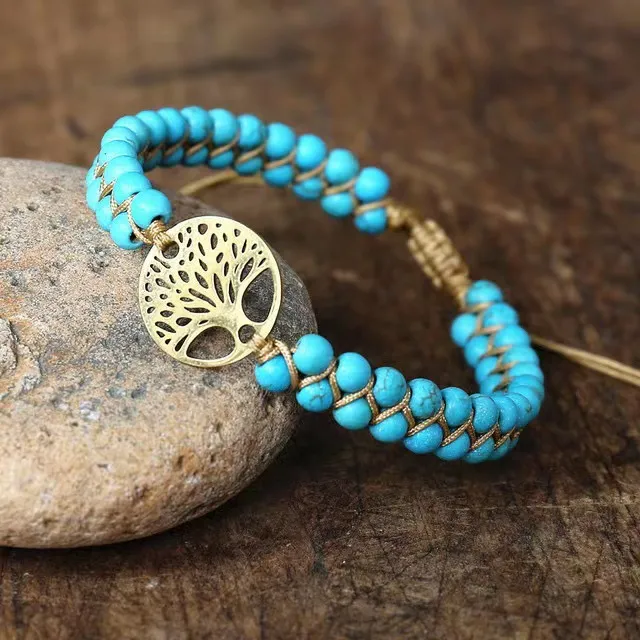 Fashion Braided Double Layer Turquoise Bracelet Bohemian Ethnic Style Tree-of-life Adjustable Yoga Bracelet For Women - Blue Pine And Cypress Gold