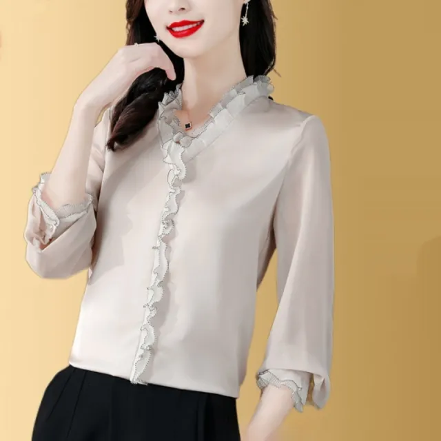 New Solid Color Chiffon Long sleeved Shirt For Women Champagne 4Xl - Shop at LoveMi