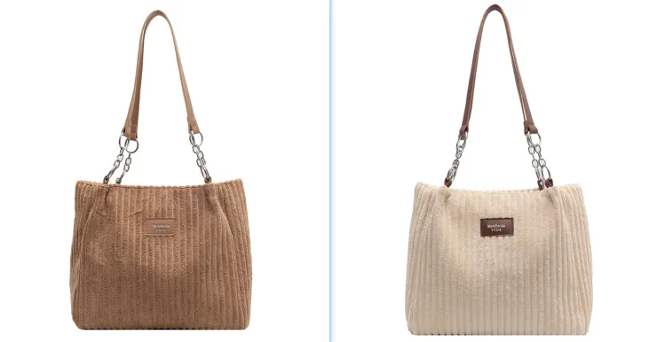 Casual Simple Portable Shopper Tote Bag Corduroy Solid Commuter Zipper Women's Handbag - Set5