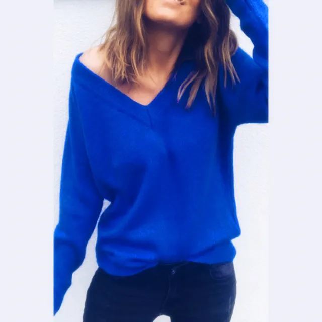 Sweater Large V neck Long Sleeve T shirt Top Women's Clothing Blue - Shop at LoveMi