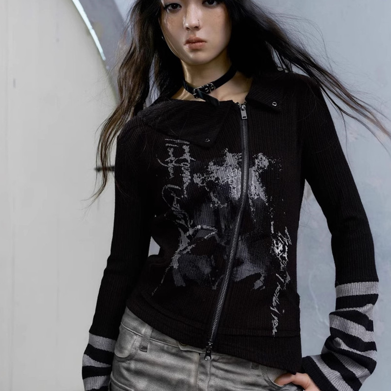 Graffiti Printing Zipper T-shirt Retro Gothic Irregular Top