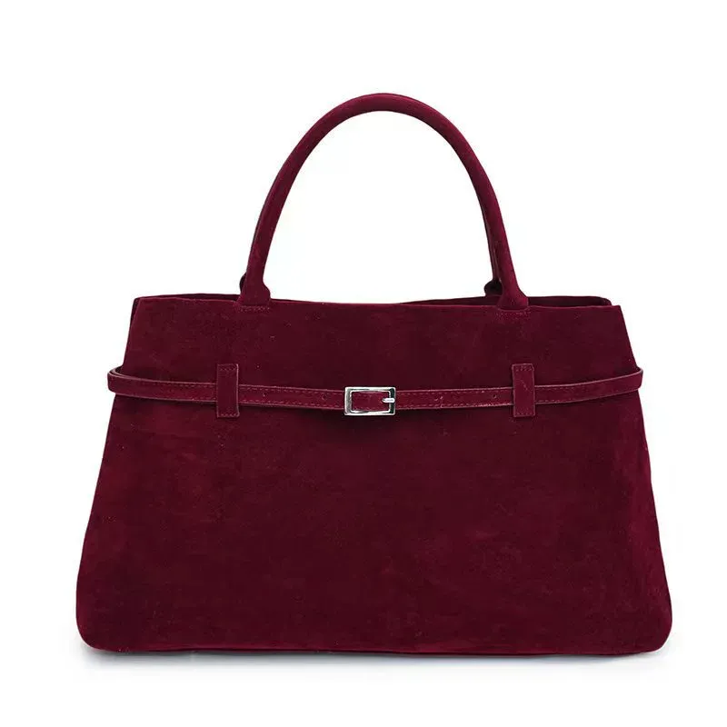 Decorative Design Solid Faux Suede Handbag Large Capacity Casual Tote Bags For Women Tote Design Portable Shoulder Bag - Red