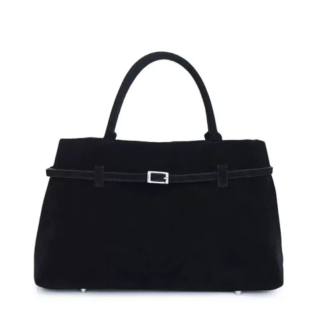 Decorative Design Solid Faux Suede Handbag Large Capacity Casual Tote Bags For Women Tote Design Portable Shoulder Bag Black - Shop at LoveMi