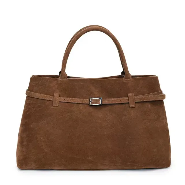 Decorative Design Solid Faux Suede Handbag Large Capacity Casual Tote Bags For Women Tote Design Portable Shoulder Bag Brown - Shop at LoveMi