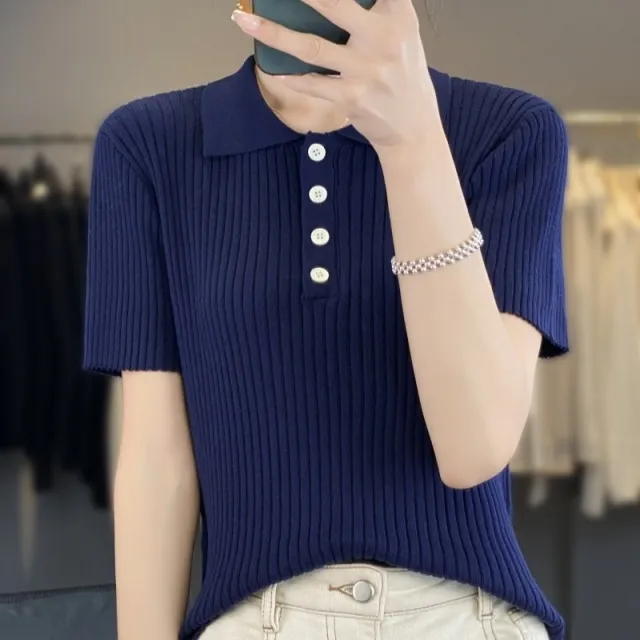 Navy Blue Hollow Striped Short Sleeve Dark Blue - Shop at LoveMi