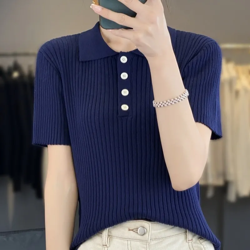 Navy Blue Hollow Striped Short Sleeve - Dark Blue