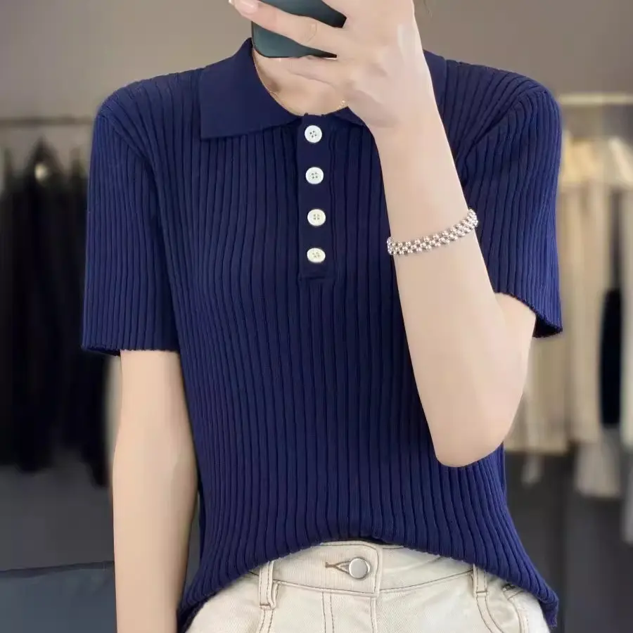 Navy Blue Hollow Striped Short Sleeve