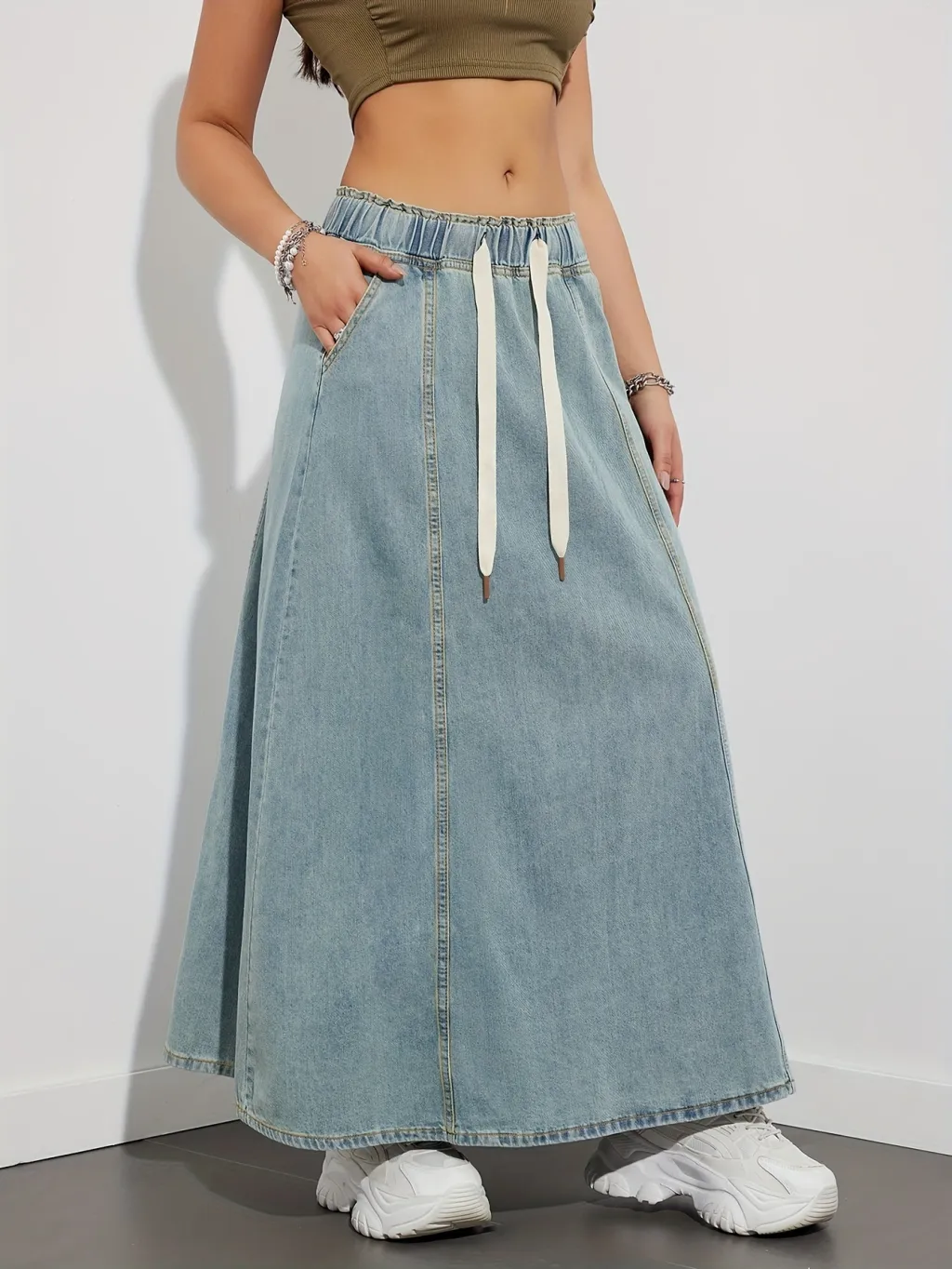 Elastic Waist Drawstring Dark Blue Denim Skirt For Women - Light Blue