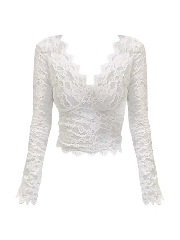 V-neck Lace Ribbon Chest Pad White Long Sleeve Bottoming Shirt - White