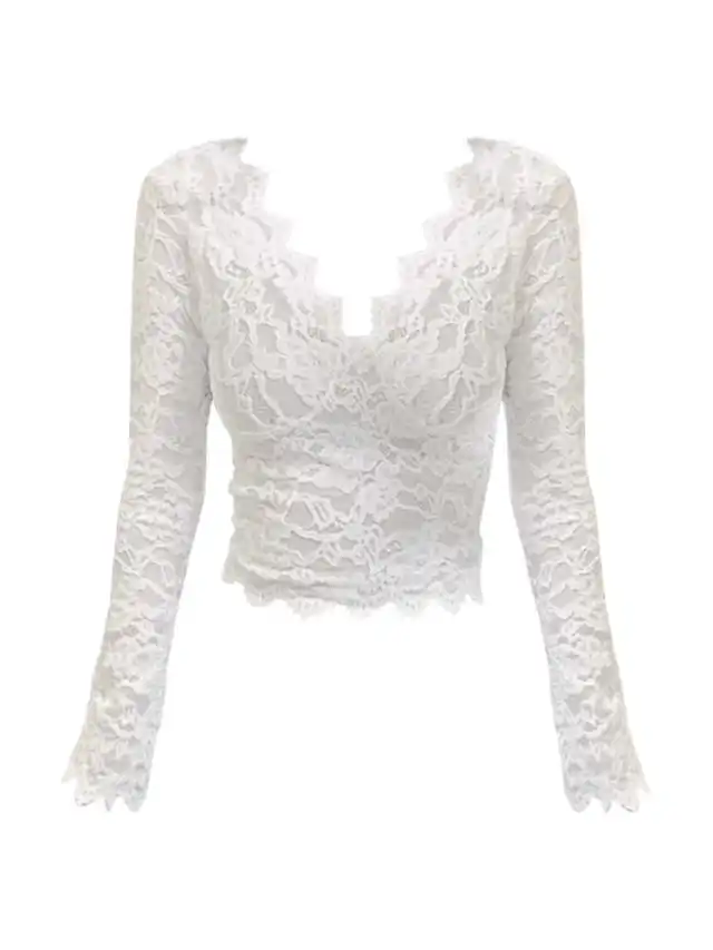 V neck Lace Ribbon Chest Pad White Long Sleeve Bottoming Shirt White - Shop at LoveMi