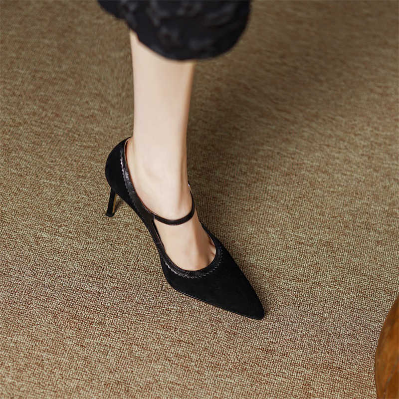 Women's Stiletto Heel Genuine Leather Buckle Pointed Toe Low-cut Shoes