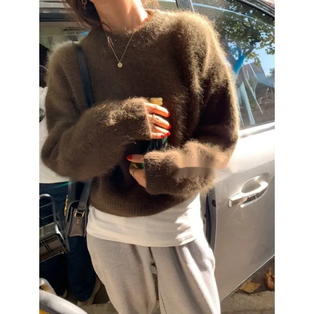 Fashion Retro Loose And Warm Solid Color Pullover Sweater Women Lake Blue - Shop at LoveMi